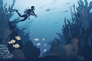 Wall Mural - a scuba diver diving and exploring a colorful coral reef. generative ai