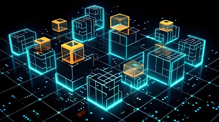 Poster - Block chain concept. Isometric digital blocks connection with each other and shapes crypto chain. Big data binary code futuristic information technology, Transferring of big data. Generative ai.