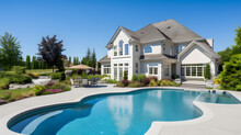 Beautiful Home Exterior And Large Swimming Pool On Sunny Day With Blue Sky. Features Series Of Water Jets Forming Arches.