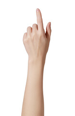 young woman hand touch virtual screen on transparent background