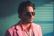 © Andrii  - Business model man in pink suit and sunglasses. Generative AI