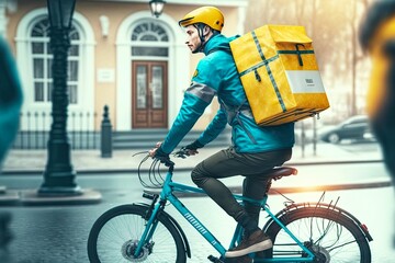 Canvas Print - Courier bicycling on street and delivering goods to city addresses, generative ai, created with generative ai