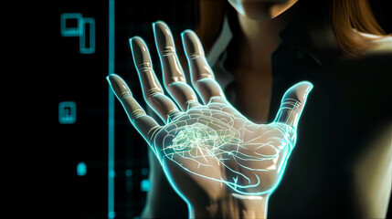 Woman is holding her hand out in front of computer screen. Generative AI.