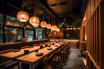 asian restaurant interior design, japandi, japanese culture cuisine, generative ai