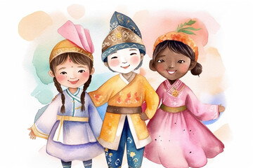 Group of children in ethnic traditional costumes. AI generative image