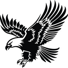 Flying Eagle Vector Illustration Isolated On White Background, Monochrome Silhouette Of Landing Bald Eagle, Logo, Tattoo