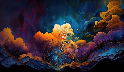 Wall Mural - abstract background. Fusion between Pointillism and Alcohol ink painting, Vibrant, Glowing, A storm Approaching, metallic ink, ethereal, Wallpaper.