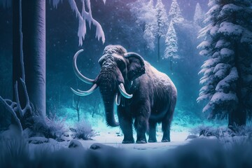 Woolly Mammoth in a prehistoric snowy forest | Ai Generated Ice Age animal illustrations/backgrounds/wallpapers/portraits |