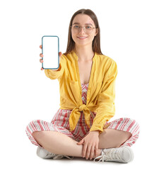 Poster - Pretty young woman with smartphone against white background