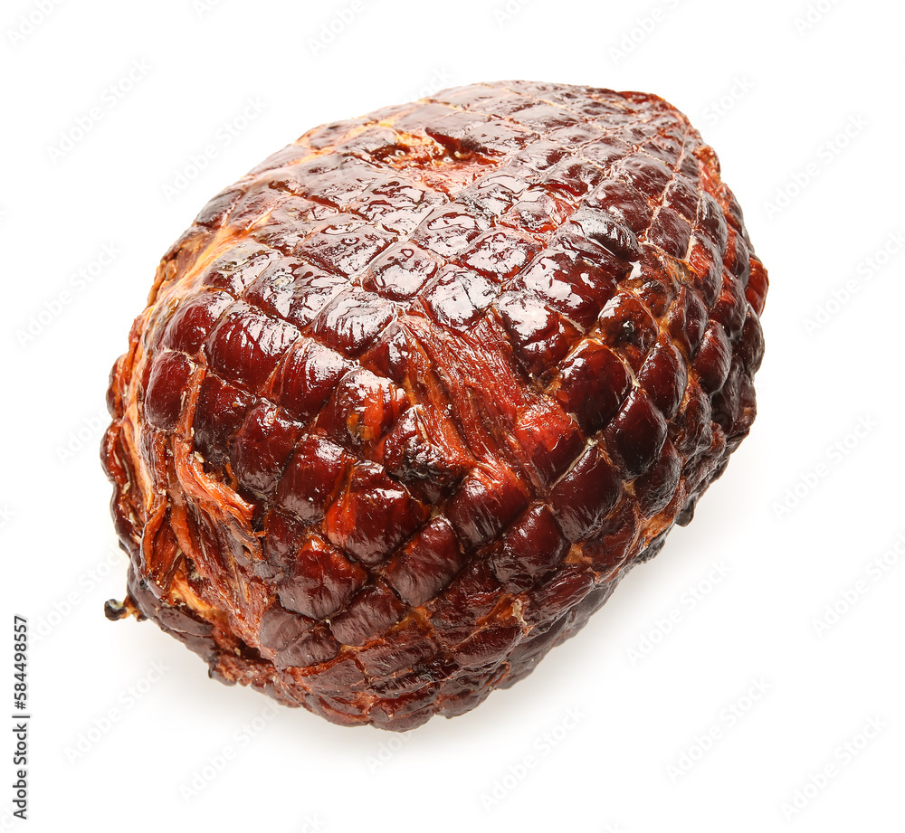 Tasty smoked ham isolated on white background