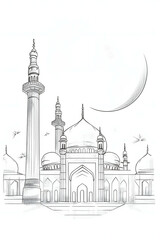 Sticker - A drawing of a mosque with a large dome and a small dome. The drawing is in black and white