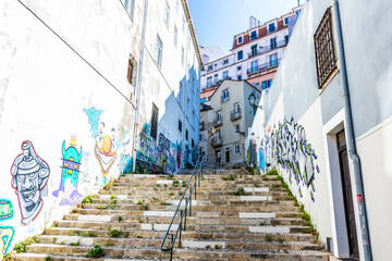 Wall Mural - LISBON, PORTUGAL, 15 AUGUST 2018:: Stairs in the streets of Alfama district