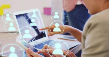 Poster - Animation of icons and data processing over caucasian businesswoman in office