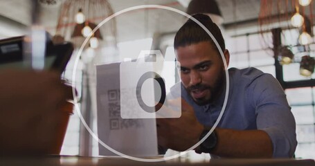 Poster - Animation of camera icon and data processing over biracial businessman in office