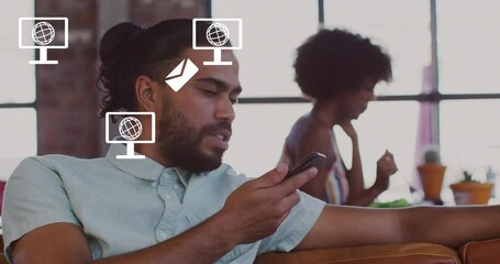 Poster - Animation of icons and data processing over biracial businessman in office