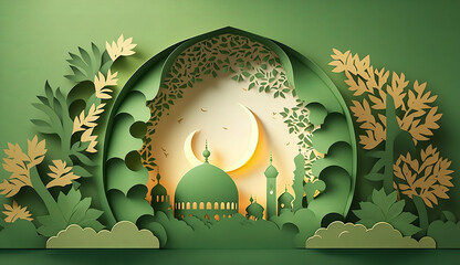 eid al fitr illustration from papercut art created with generative AI technology