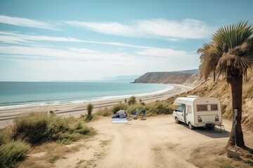 Family travel,  holiday road trip in motorhome ( sea, palm tree, beach) Andalusia in Spain. Generative AI