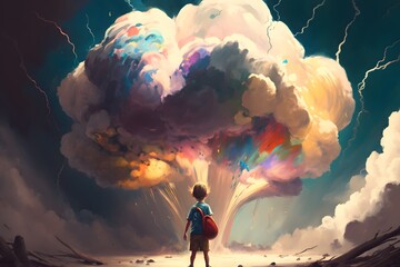 Wall Mural - child standing in front of explosion created using ai generative technology