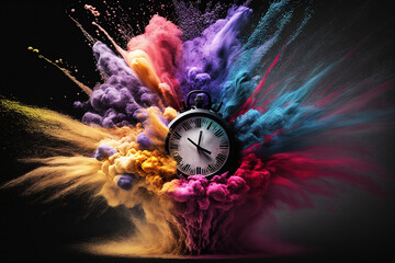 clock exploding with colored powder on black background. generative ai.