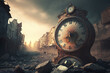 Antique clock in a destroyed city at the end of time. Generative AI.