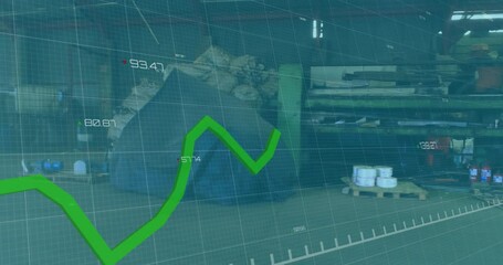 Poster - Animation of line graph and numbers moving over abandoned factory with scrap and garbage