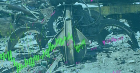 Poster - Animation of multiple graphs moving over garbage lifting crane on land at junkyard