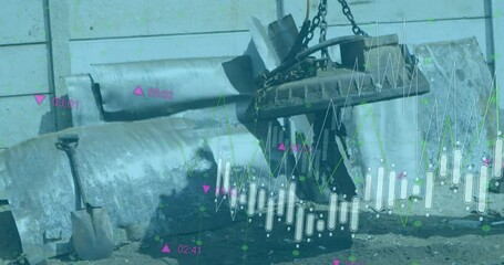 Poster - Animation of graphs and numbers moving over magnetic crane against wall at garbage dump