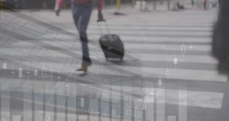 Poster - Animation of graphs and building over african american man with luggage walking at airport