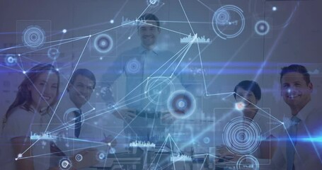 Poster - Animation of network of connections, data processing over diverse businesspeople smiling at office