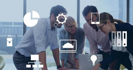 Poster - Animation of digital icons over diverse colleagues discussing together at office