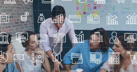 Poster - Animation of multiple digital icons against diverse colleagues discussing together at office