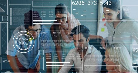 Poster - Animation of interface with data processing over diverse colleagues discussing over laptop at office