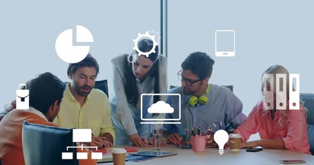 Poster - Animation of multiple digital icons against diverse colleagues discussing together at office