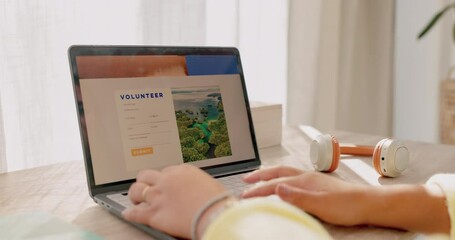 Poster - Website, search and laptop with hands of woman for volunteer, browsing and ngo organization. Internet, application and charity with girl and scrolling at home for information, ui and global project