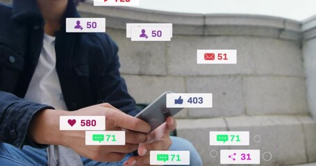 Poster - Animation of media icons over biracial man using smartphone