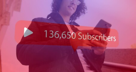 Poster - Animation of increasing subscribers on a speech bubble over biracial man using a smartphone
