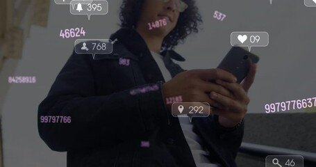 Poster - Animation of changing numbers and social media icons over biracial man using smartphone