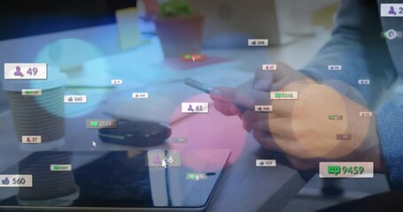 Poster - Animation of social media icons and spots of light over mid section of businessman using smartphone