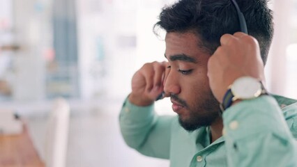 Poster - Call center, telemarketing and man with headset, start day and customer services in workplace. Male employee, consultant and agent with headphones, prepare for client and tech support in office
