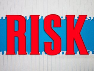 Poster - Risk text with Torn, Crumpled White Paper on colored background.