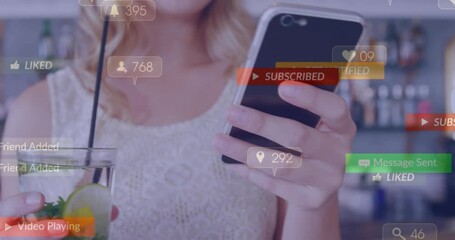 Poster - Animation of media icons over caucasian woman with drink using smartphone