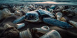 Sea turtle, plastic waste, Ocean pollution impact on ecosystem and wildlife animals, sustainability and environmental protection concept. Generative AI.