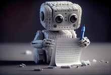 Cute Robot Writing The Headlines On Paper. Journalist Artificial Intelligence And Self Learning Concept. Digital Art Illustration. Generative AI