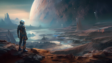 Wall Mural - an astronaut standing on new alien planet. digital art illustration. generative ai.