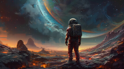 Wall Mural - an astronaut standing in a new planet. digital art illustration. generative ai.