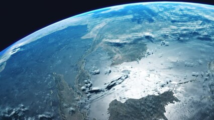 Wall Mural - Thailand and Indonesia from Space with Earth Rotating with Gulf of Thailand Malaysia and Singapore Visible View from Orbit with Dynamic Clouds Sea Atmosphere and Strong Sun Reflection on Ocean Sea