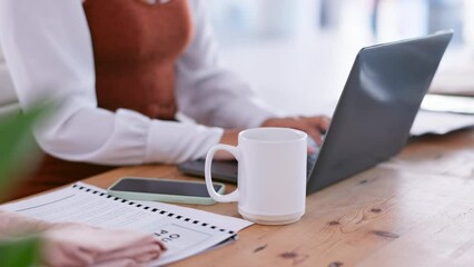 Poster - Typing, laptop and search with hands of woman in office for email, project and business proposal.Technology, zoom and review with employee and browsing online for statistics, agency and planning