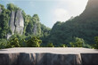 © Jekkie - Rock podium in tropical forest for product presentation Behind is a view of the sky.3d rendering