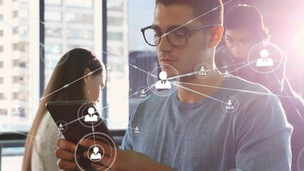 Poster - Animation of network of connections over diverse business people using tablet