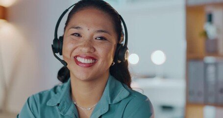 Poster - Contact us, call center portrait or friendly agent in a telecom communications company helping with questions. Running, faq or happy Asian woman working in online technical support talking with smile